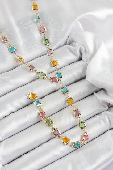 Pirinç Asorti Kare Model Gold Renk Zirkon Taşlı Y Kolye