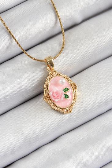 316L Çelik Zincir Pembe Sanatsal Portre İnci Detaylı Gül Figürlü Model Gold Renk Kadın Kolye