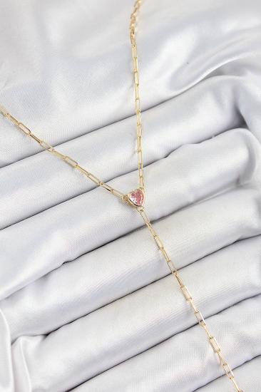 Pirinç Zirkon Taşlı Pembe Kalp Figürlü Y Model Gold Renk Kadın Kolye