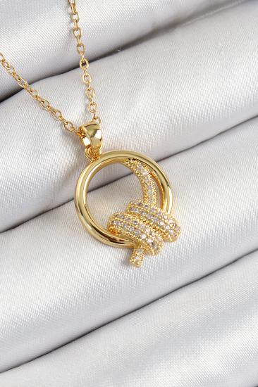 316L Çelik Zirkon Taşlı Düğüm Model Gold Renk Kadın Kolye