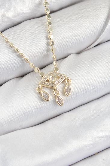 Pirinç Zirkon Taşlı Sallantılı Göz Model Ezme Zincir Gold Renk Kadın Kolye
