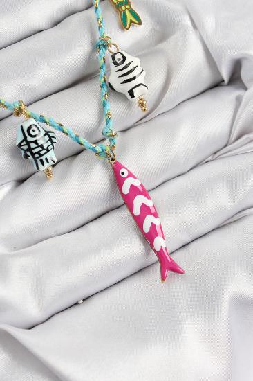 Seramik Motifli Pembe Balık Figürlü Model Mavi İp Kadın Kolye