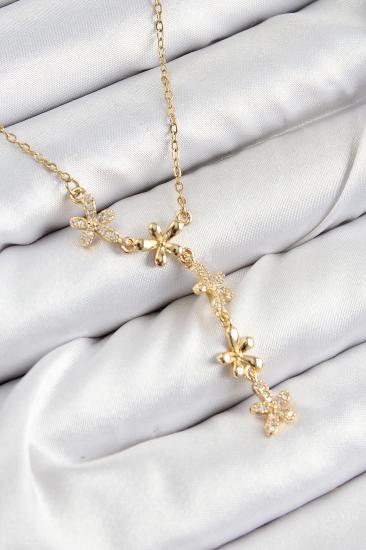 316L Çelik Zirkon Taşlı Çiçek Model Gold Renk Kadın Kolye