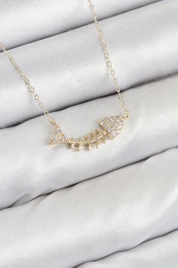 Pirinç Zirkon Taşlı Balık Kılçığı Model Gold Renk Kadın Kolye