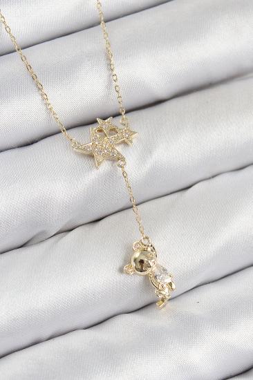 Pirinç Zirkon Taşlı Sallantılı Ayıcıklı Yıldız Model Gold Renk Kadın Kolye