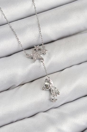 Pirinç Zirkon Taşlı Sallantılı Ayıcıklı Yıldız Model Gümüş Renk Kadın Kolye