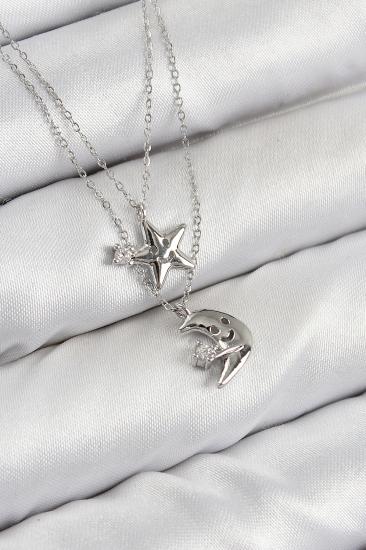 Pirinç Zirkon Taşlı Yıldız Ve Ay Model Gümüş Renk Kadın Kolye