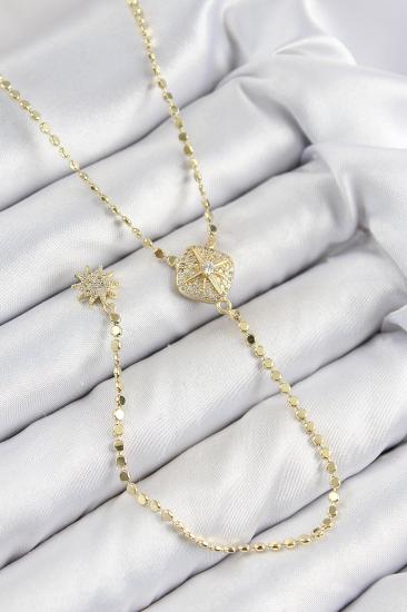 Pirinç Zirkon Taşlı Ezme Zincirli Madalyon Model Gold Renk Y Kolye