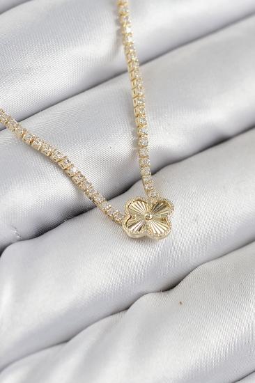 Pirinç Zirkon Taşlı Yonca Model Gold Renk Kadın Kolye