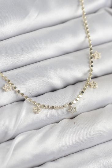 Pirinç Zirkon Taşlı Yıldızlı Ezme Zincir Model Gold Renk Kadın Kolye