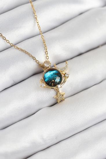 316L Çelik Zirkon Taşlı Gezegen Model Gold Renk Kadın Kolye