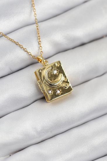 316L Çelik Zirkon Taşlı Açılabilr Kapaklı Kitap Model Gold Renk Kadın Kolye