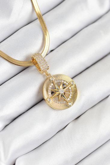 316L Çelik Zirkon Taşlı Pusula Model Gold Renk Kadın Kolye