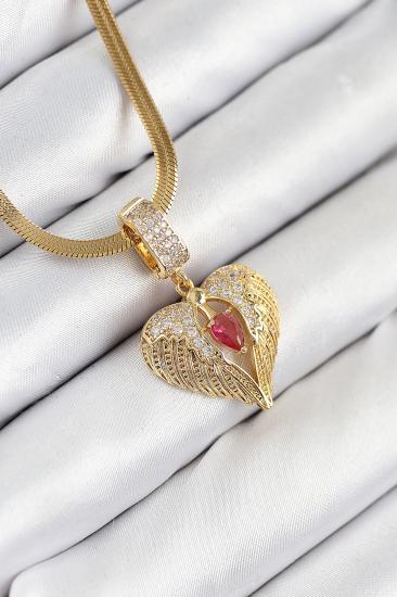 316L Çelik Zirkon Taşlı Kanatlı Kalp Model Gold Renk Kadın Kolye