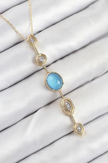 Pirinç Zincir Mavi Gold Renk Zirkon Taşlı Y Kolye