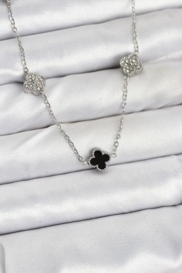 316L Çelik Zincir Gümüş Renk Siyah ve Zirkon Taşlı Baby Boy Yonca Kadın Kolye