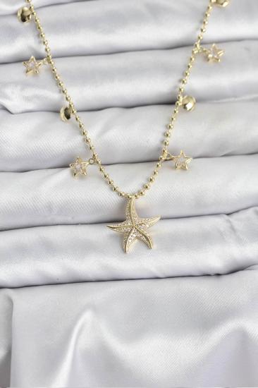 Pirinç Gold Renk Zirkon Taşlı Deniz Yıldızı Model Kadın Kolye