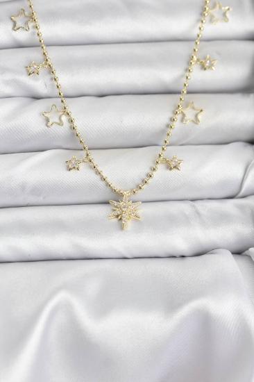 Pirinç Gold Renk Zirkon Taşlı Kutup Yıldızı Model Kadın Kolye
