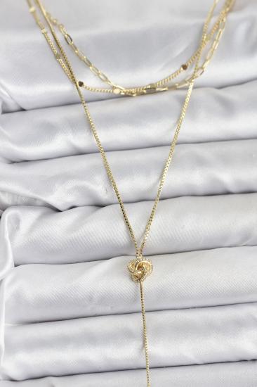Pirinç Gold Renk Düğüm Model Detaylı 3’lü Kombin Y Kadın Kolye