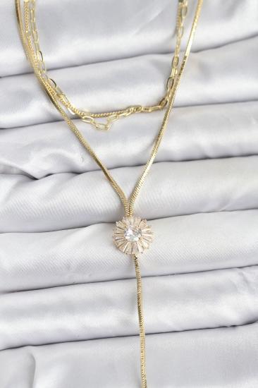 Pirinç Gold Renk Zirkon Taşlı Papatya Model Detaylı 3’lü Kombin Y Kadın Kolye