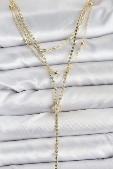 Pirinç Gold Renk Zirkon Taşlı Yonca Model Detaylı 3’lü Kombin Y Kadın Kolye