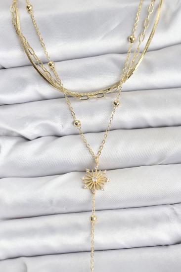 Pirinç Gold Renk Zirkon Taşlı Model Detaylı 3’lü Kombin Y Kadın Kolye