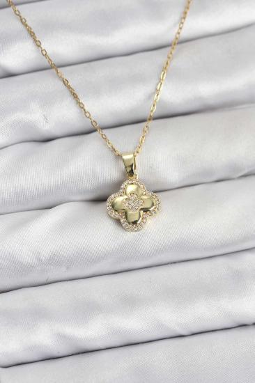 316L Çelik Zincir Gold Renk Zirkon Taşlı Yonca Model Kadın Kolye