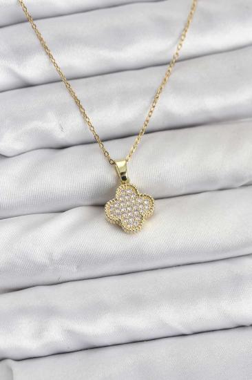 316L Çelik Zincir Gold Renk Zirkon Taşlı Yonca Model Kadın Kolye