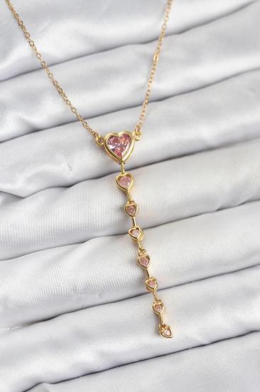316L Çelik Zincir Gold Renk Pembe Kalp Kadın Kolye