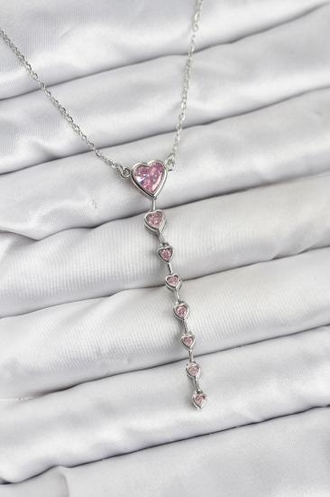 316L Çelik Zincir Gümüş Renk Pembe Kalp Kadın Kolye