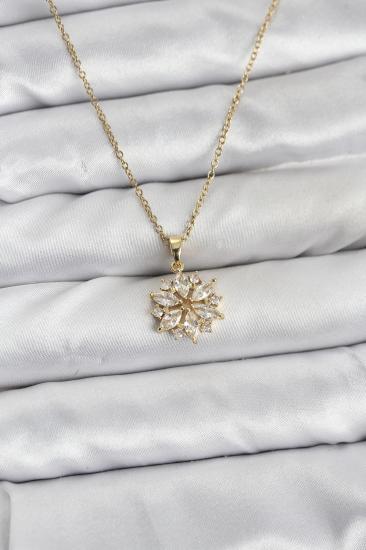 316L Çelik Zincir Gold Renk Lotus Model Zirkon Taşlı Kadın Kolye