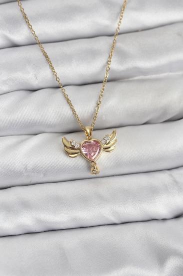 316L Çelik Zincir Gold Renk Kanatlı Kalp Model Zirkon Taşlı Kadın Kolye