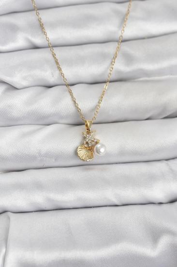 316L Çelik Zincir Gold Renk Deniz Kabuğu ve Deniz Yıldızı Model Zirkon Taşlı Kadın Kolye