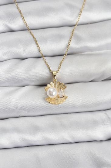 316L Çelik Zincir Gold Renk İstiridye İnci Model Zirkon Taşlı Kadın Kolye