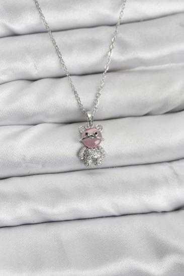 316L Çelik Zincir Gümüş Renk Teddy Bear Model Zirkon Taşlı Kadın Kolye