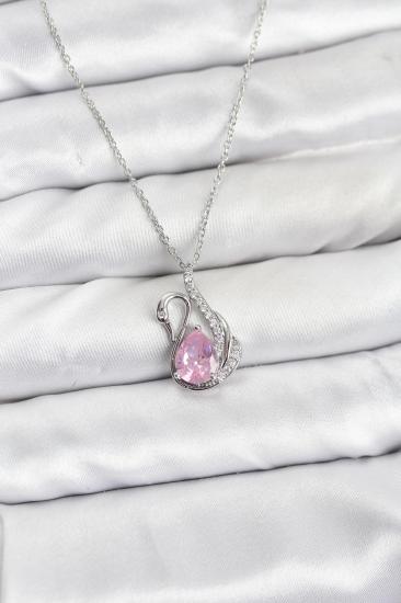 316L Çelik Zincir Gümüş Renk Pembe Kuğu Model Zirkon Taşlı Kadın Kolye