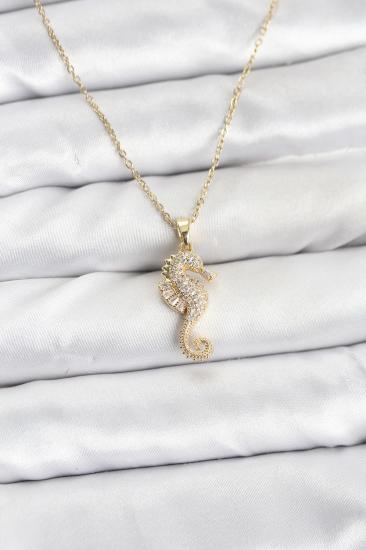 316L Çelik Zincir Gold Renk Deniz Atı Model Zirkon Taşlı Kadın Kolye