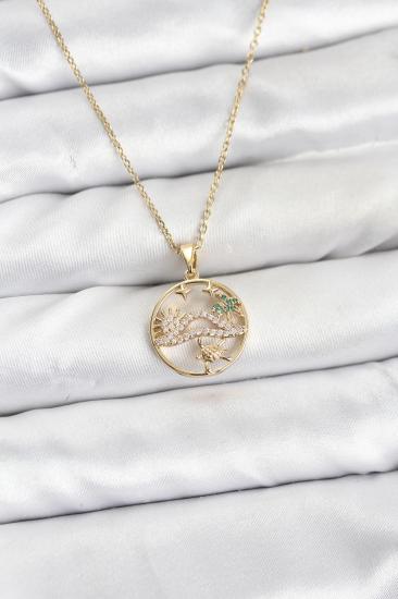 316L Çelik Zincir Gold Renk Şans Kolyesi Model Zirkon Taşlı Kadın Kolye