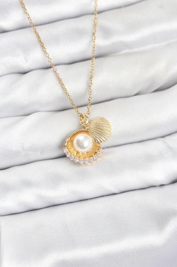 316L Çelik Zincir Gold Renk İncili Deniz Kabuğu Model Zirkon Taşlı Kadın Kolye