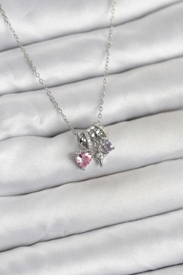 316L Çelik Gümüş Pembe Zirkon Taşlı Charmlı Kadın Kolye