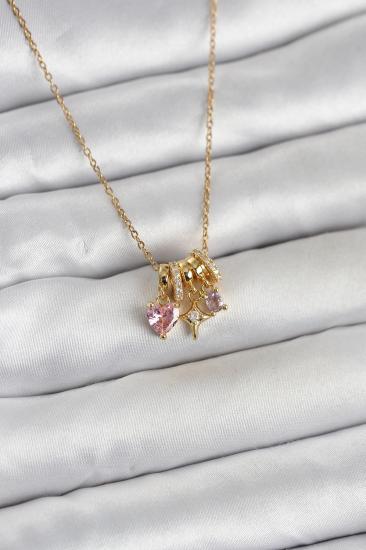 316L Çelik Gold Pembe Zirkon Taşlı Charmlı Kadın Kolye