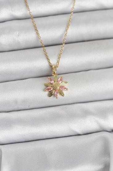 316L Çelik Zincir Gold Renk Pembe Papatya Model Kadın Kolye