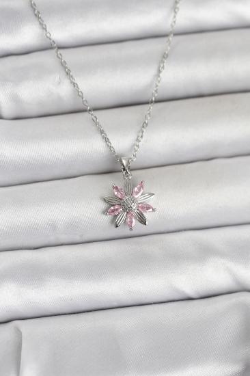 316L Çelik Zincir Gümüş Renk Pembe Papatya Model Kadın Kolye