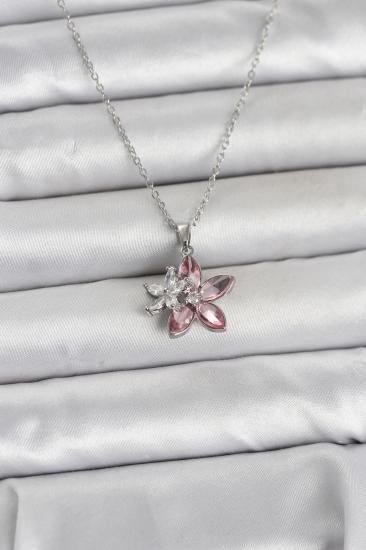 316L Çelik Zincir Gümüş Renk Pembe Lotus Model Kadın Kolye