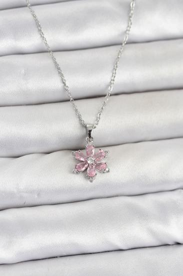 316L Çelik Zincir Gümüş Renk Pembe Zirkon Taşlı Lotus Model Kadın Kolye