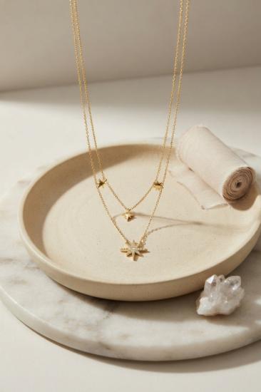 Pirinç Gold Renk Zirkon Taşlı Kutup Yıldızı Model 2’li Kadın Kolye