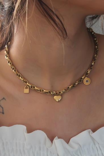Çelik Gold Renk Kalın Zincir Model Kalp Figür Kadın Kolye