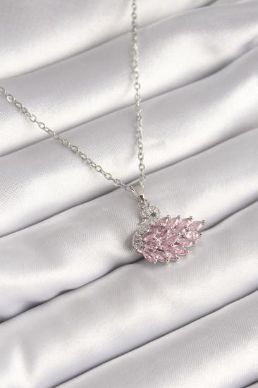 316L Çelik Gümüş Renk Zincir Pembe Zirkon Taşlı Kuğu Model Kadın Kolye