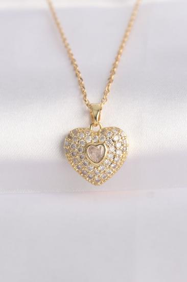 316L Çelik Zincir Gold Renk Zirkon Taşlı Kalp Kolye