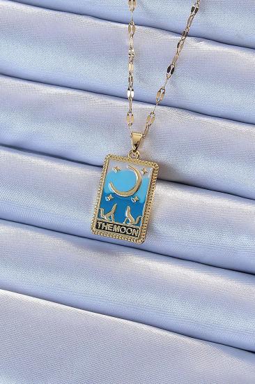 316L Çelik Zincir Gold Renk Mavi Mineli Ay Figür Tarot Kolye